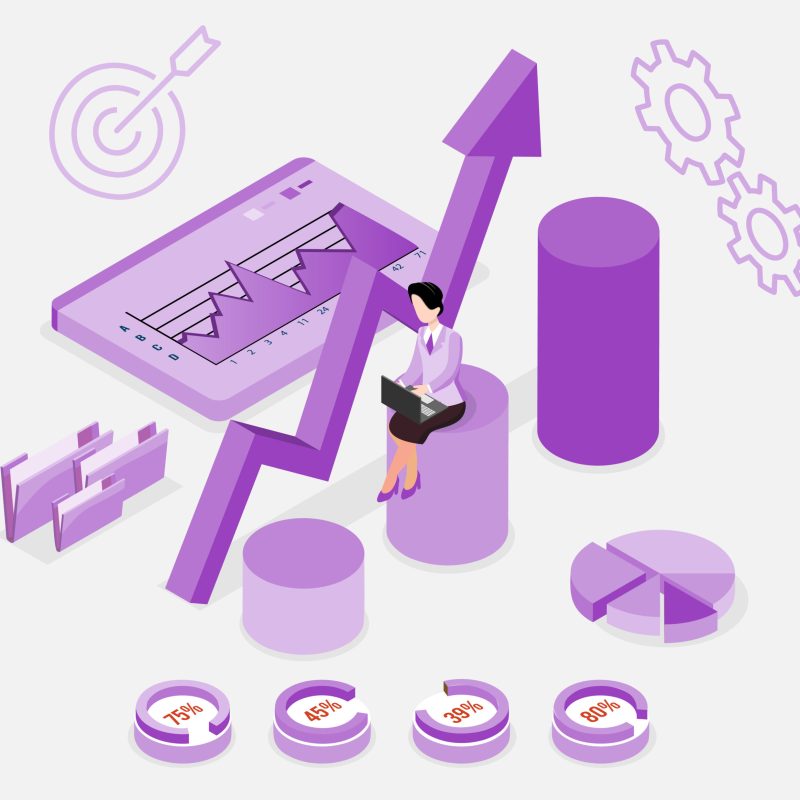 Business concept vector illustration. Website landing page. Isometric businesswoman lead and present businesspeople for training business plan and goals. Achieving goals business strategy for win
